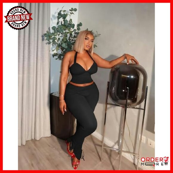 Sexy 2 Piece Set Halter Crop Top Bodycon Flare Pants Clubwear - Picture 3 of 8